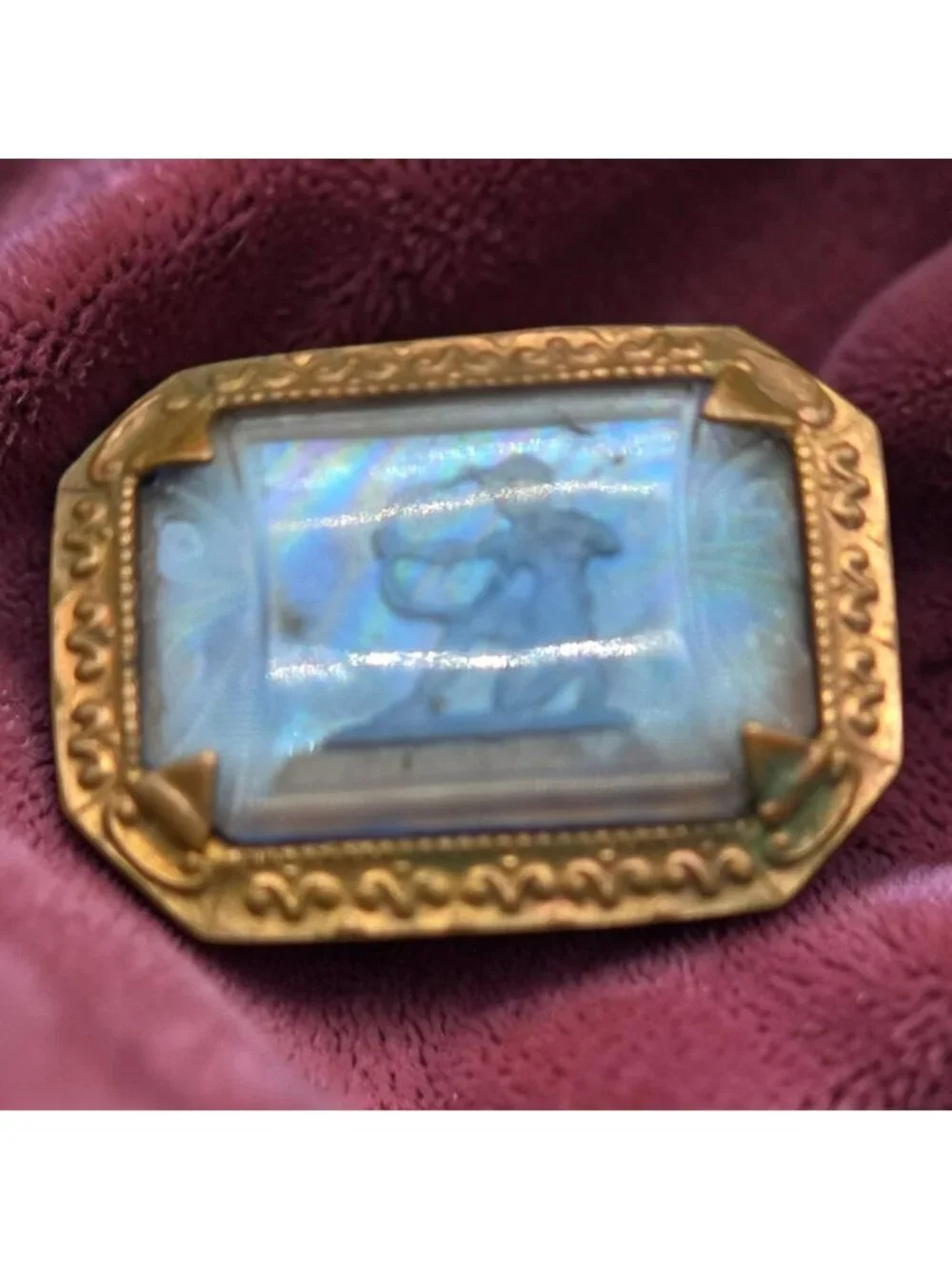 Antique Bohemia Intaglio Iridescent Blue Glass Cameo Buckle Greek Hunter